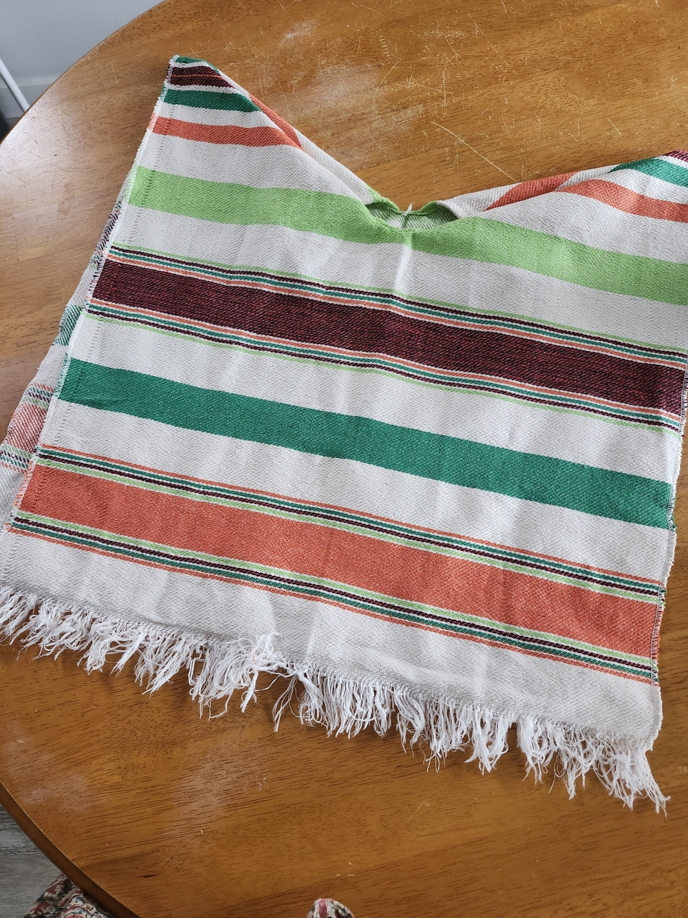Vintage Striped Cotton Poncho | Boho Fringe Cape | Green Orange Maroon